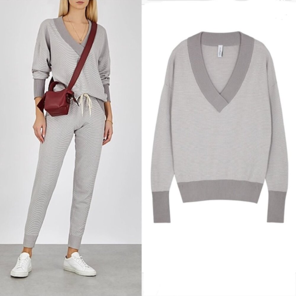 Varley Gray Gower Oversized V-Neck Knit Sweater Varsity Ribbed Preppy Tennis XS